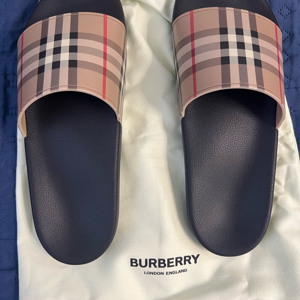 Burberry Plaid Slide Sandals in Black and Tan